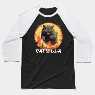 Catzilla Japanese Sunset Funny Cat Parody Vintage Catzilla Baseball T-Shirt